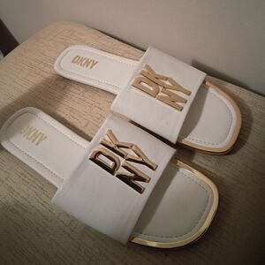 DKNY White And Gold Slides